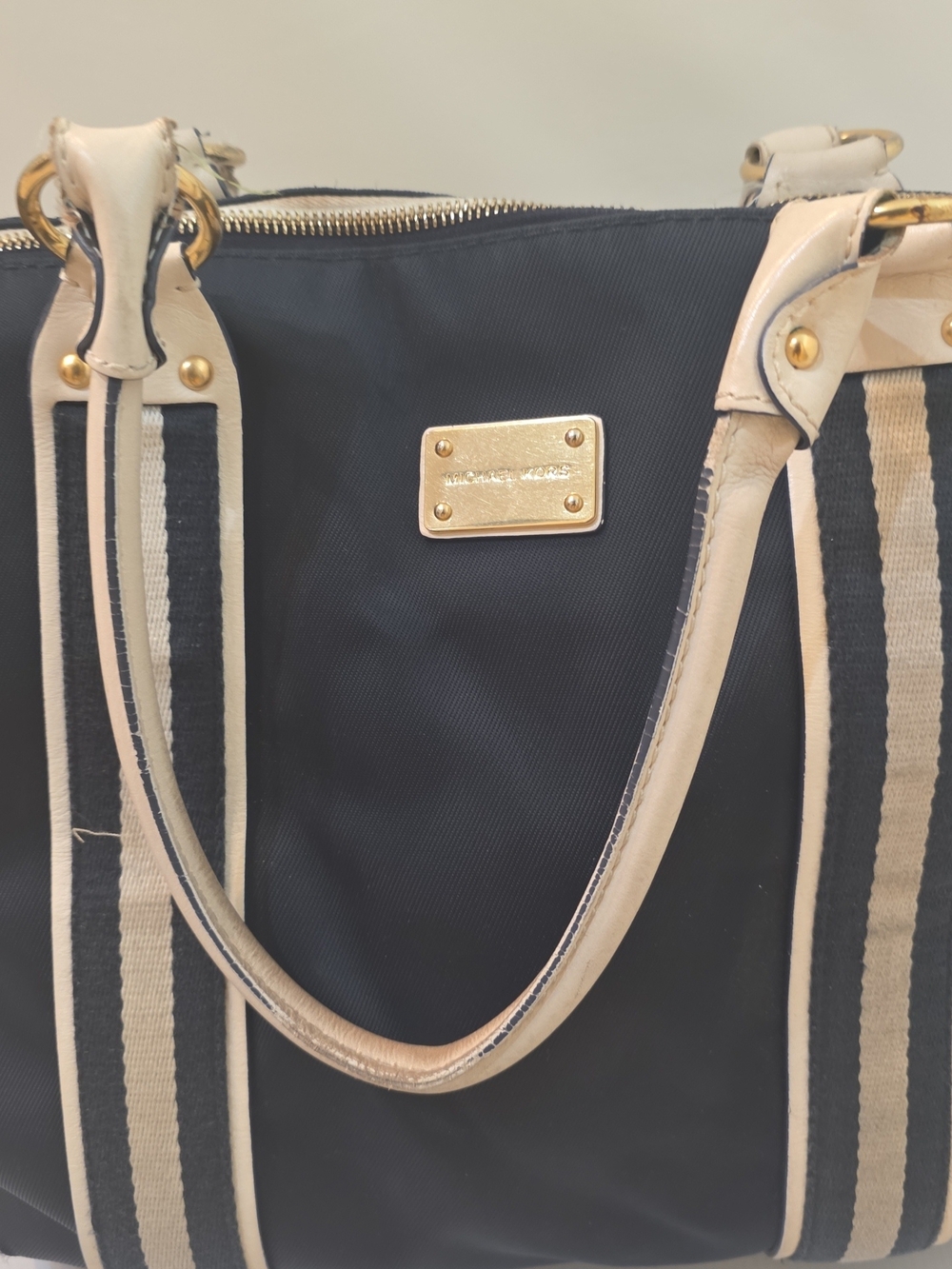 Michael Kors Navy Tote with Cream Striped Handles - Picture 3 of 4